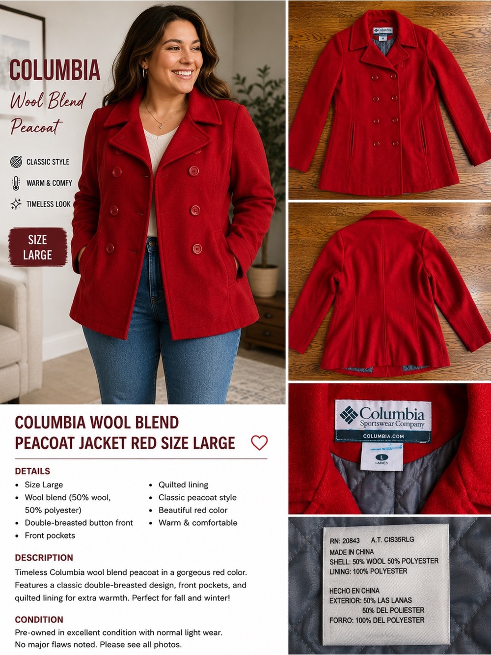 Columbia Red Wool-Blend Double-Breasted Peacoat Women’s Size Large